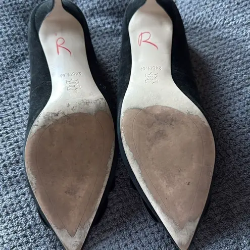 Alomore Black Suede Rhinestone Bow Flats 7.5 Pointed Toe Leather Sole heels