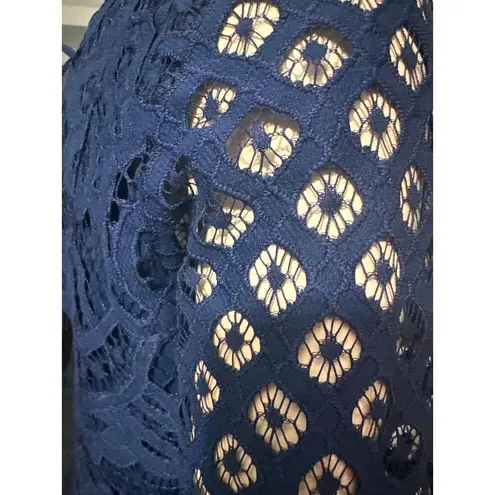 Navy Blue Lace Long Sleeve VNeck Lace Chiffon Dress Flared Sleeves Back Tie Sz S