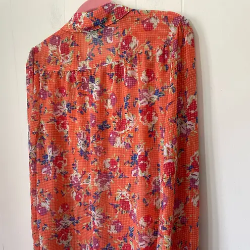 Modcloth  Orange Colorful Floral Sheer Collared Button Up Blouse Top ~ Size L