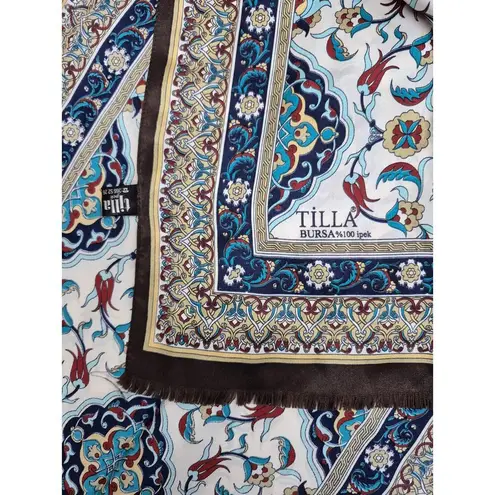 Tilla 100% Silk Scarf Rectangle in Turquoise Rust Floral Border Print Blue