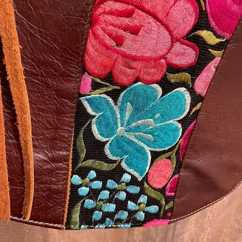 Borssa Brown Colorful Embroidered Floral Mexican Boho Real Leather Small Purse N