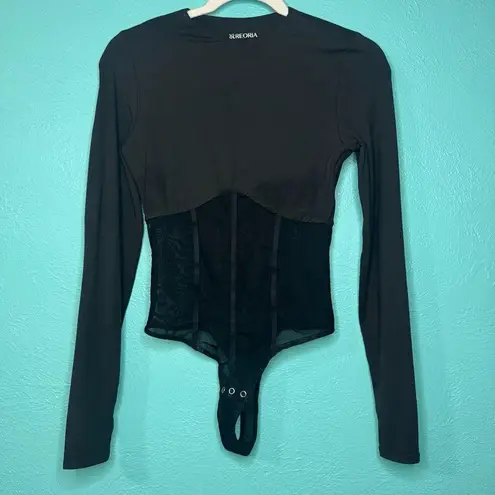 REORIA Women's Trendy Sexy Crew Neck Thumbholes Long Sleeve Sheer Mesh Bodysuit Black