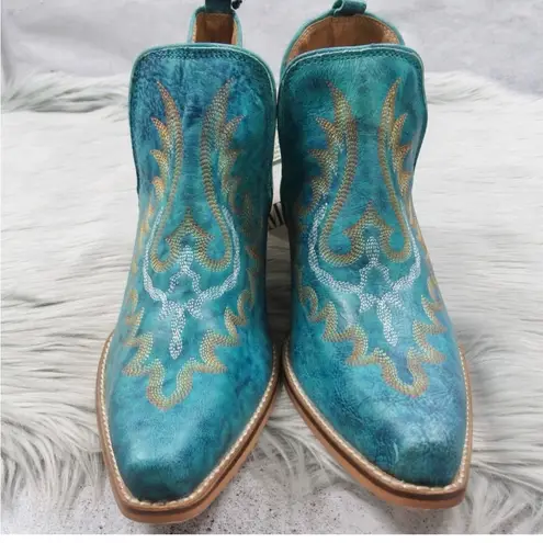 MYRA Turquoise Embroidered Leather Block Heel Western Ankle Booties Women Size 7 Blue