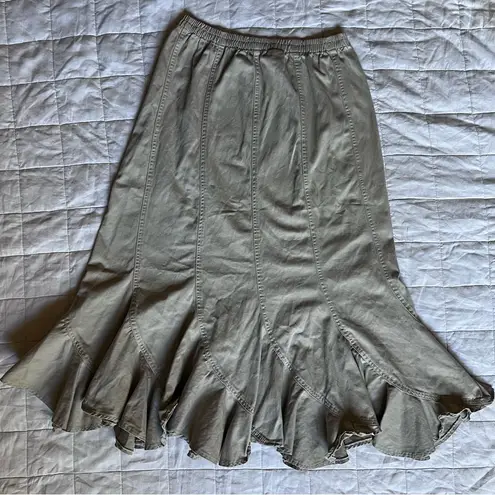 Vintage 90s Y2K Khaki Seamed Dramatic Ruffle Maxi Skirt Bohemian