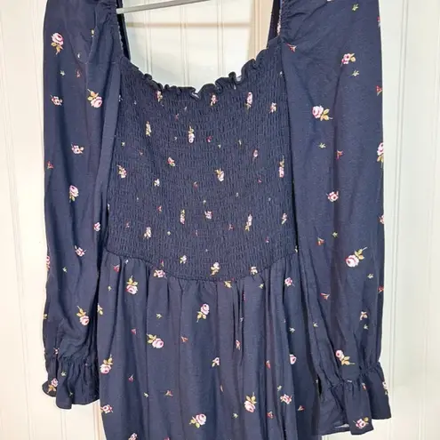 Elodie Long Sleeve Smocked Square Neck Navy Floral Dress Sz S