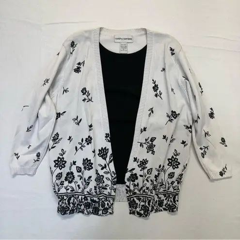 Cathy Daniels Layered Knit Cardigan Sweater Women’s Medium black white floral