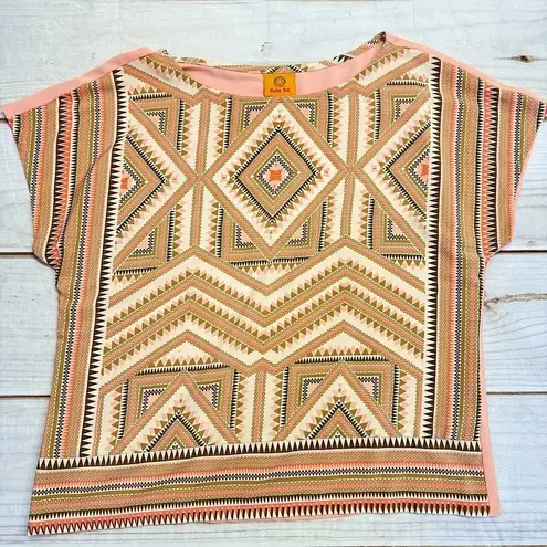 Melon Tan Cream Geometric Boho Tribal Short Cap Sleeve Top by Ruby Rd. Orange Size 8