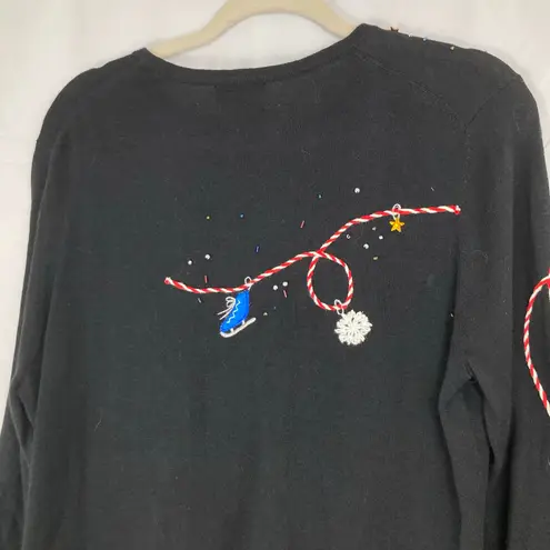 VTG Studio Joy Womens L Christmas Holiday Embroidered Sweater Santa Claus Winter Black Size L