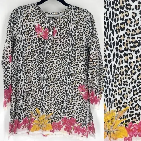 Graham Kandiah Leopard Print Floral 100% Cotton Tunic Top Resort Coverup Size S White