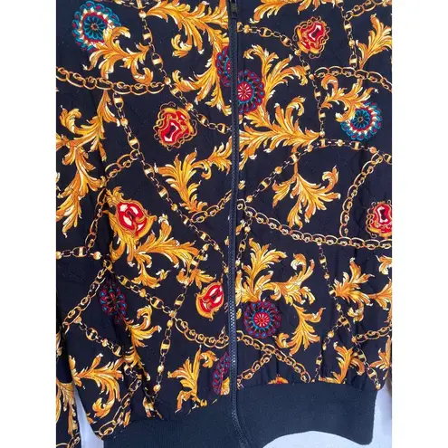 First Option Vintage Status Print Quilted Zipper Jacket EUC Sz M Rayon Gold Blk Size M