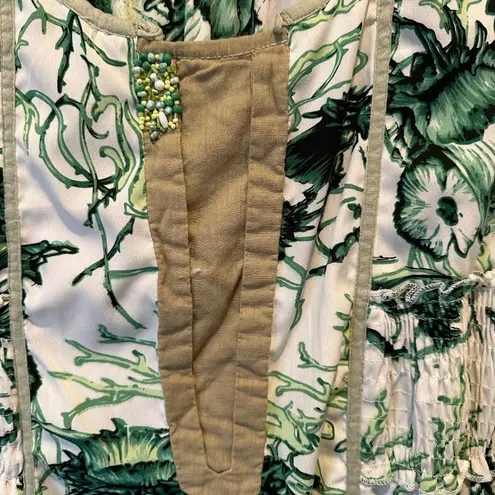 Antica Sartoria Boho Coastal Green Palm Leaf Printed Tiered Maxi Dress Small