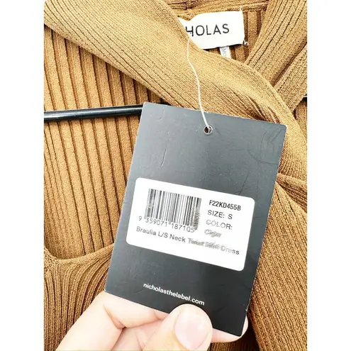 NICHOLAS Braulia Twist Front Cutout Ribbed Knit Mini Dress S NEW Brown