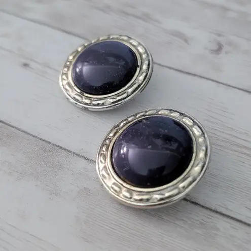 Vintage Clip On Earrings Speckled Midnight Tones with Gold Tone Halo