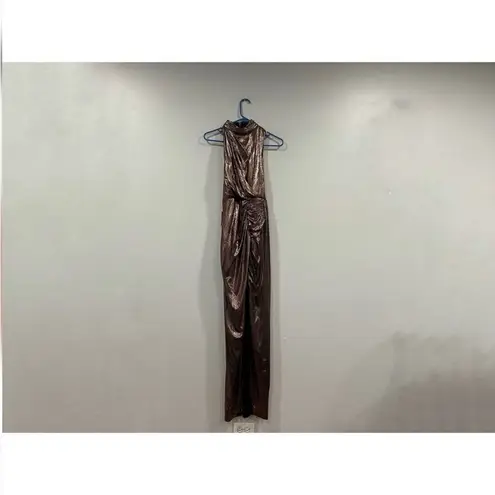 Mac Duggal Metallic Mocha 27085 High Neck Cut Out Sleeveless Gown Dress Sz 0