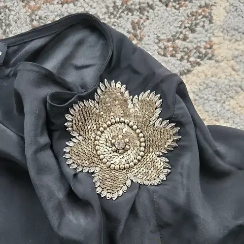 Karina Grimaldi Silk Asymmetrical Flower Appliqué Blouse Black XS