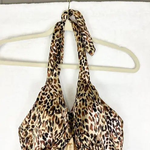 Vintage Y2K Kiss Kiss Formal Beaded Leopard Prom Dress Size 6 Halter Satin Gold