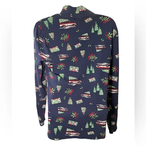 Time and Tru Mock Neck Long Sleeve Holiday Top Christmas Tree Farm Print Navy L Blue Size L