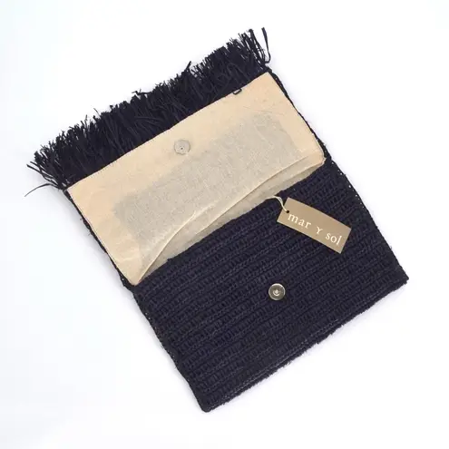 NEW Mar Y Sol Lisette Crocheted Raffia Straw Fringe Clutch Wallet Navy Blue