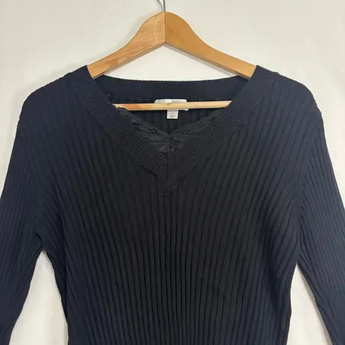 Dress Barn  Ribbed Sweater Womens XL Fitted Black Lace Neckline Stretch Y2K Party