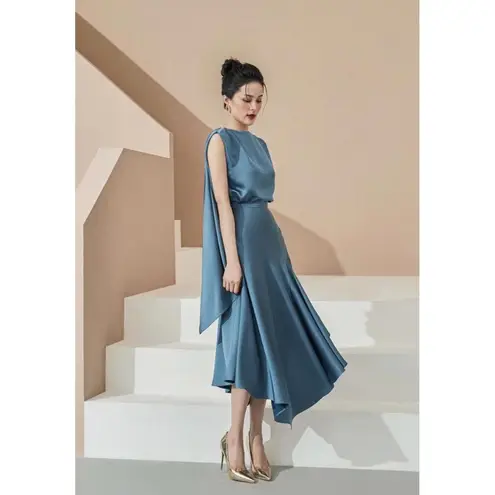 LANE JT Victorious Silk Midi Skirt + Backscarf Top (NWT) in Royal Blue (MEDIUM)