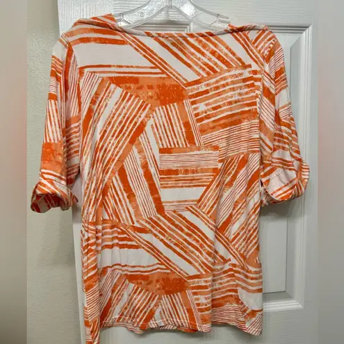 Peck & Peck  Women's Orange & White Boat Neck Short Sleeve Stretch Blouse Shirt L