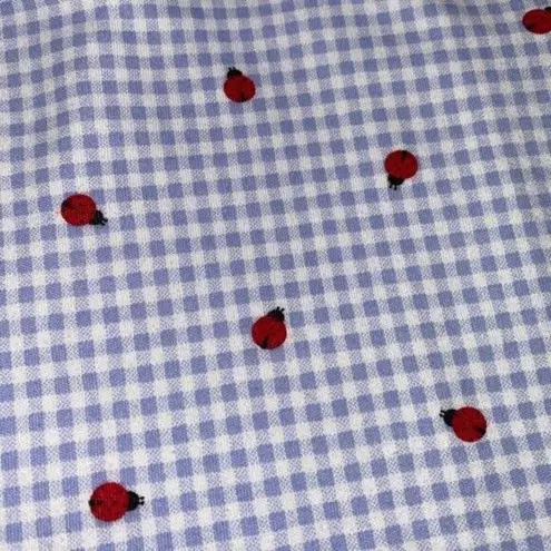 Vintage Blue  & White Gingham Ladybug Picnic Pattern Scoop Neck Tshirt Size S