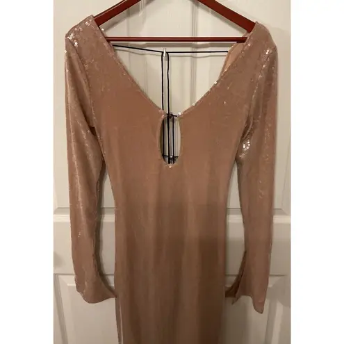 NWOT Meilun Deep V Dress Drawstring Long Sleeve Sequin Dress Long Gown, sz M Gold Size M