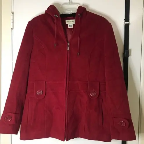 st. john's bay St. John’s Bay Red Wool Fur Hooded Zip Up Coat