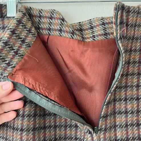 Tofy Size 14 Classic Wool Brown Retro A Line Midi Skirt Plaid Boho Chic Casual