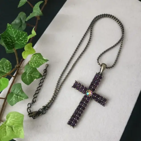 Brass Purple Crystal Cross Pendant on 18" Chain