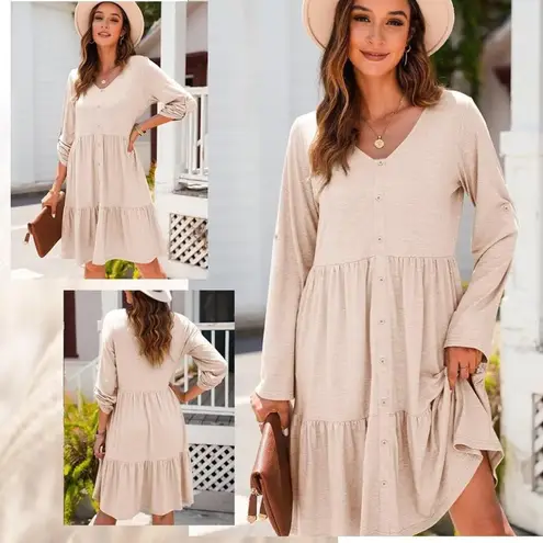 Dokotoo V Neck Button Up Long Sleeve Empire Waist Ruffle Tiered Mini Dress XL