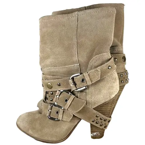 Franco Fortini Cole Tan Suede Buckle Studded Heeled Booties Women's Size 6