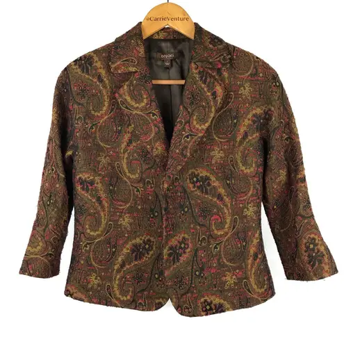 Vintage Paisley Brown Fall Earth Tone Wool Blend Boucle Open Front Jacket Size S