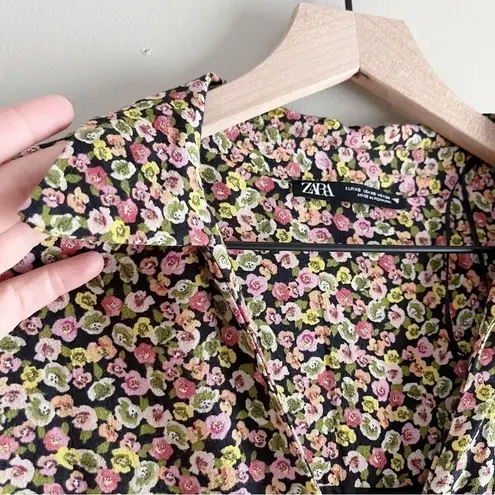 ZARA  Floral Mini Shirt Dress Long Sleeves‎ Pink Green Black Yellow, Size XS