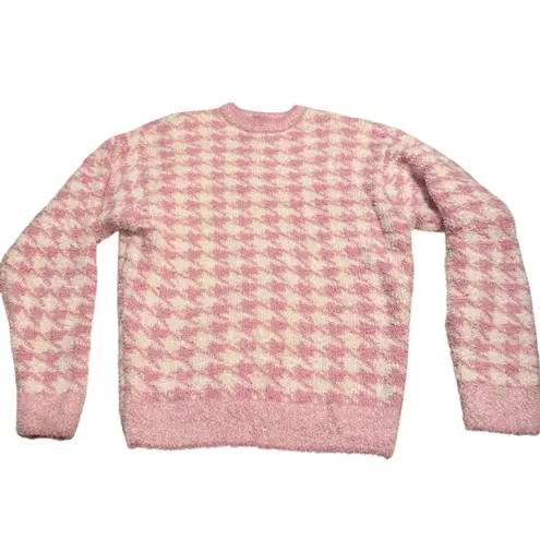SKIMS L/XL Cozy Knit Pullover Petal Pink Houndstooth Oversized Lounge Sweater