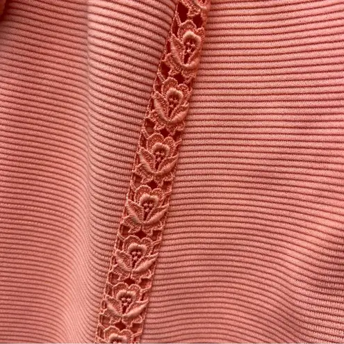 50s 60s House of Shroyers peach rib polyester crochet lace trim sheath dress Size XL