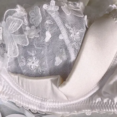 Mimi Holliday M Padded Bra Honeysuckle 1/4 Cup Plunge Silk Bridal Lace Bow Heart White Size M