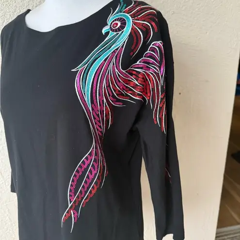 Bob Mackie Sequin Peacock Vintage 90s Rhinestone Eye Dolman Sleeve Top Black M