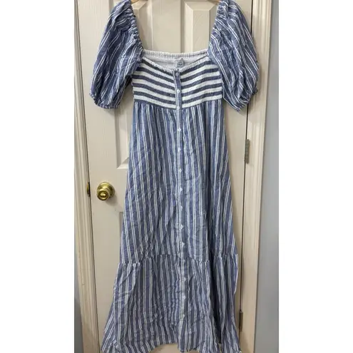 Love Tomas Emerson Fry Dress Striped Blue White Puff Sleeve Midi ML NWT Size L