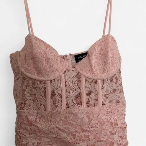 Bardot Danni Lace corset waist mini dress with frill hem in soft pink lace M