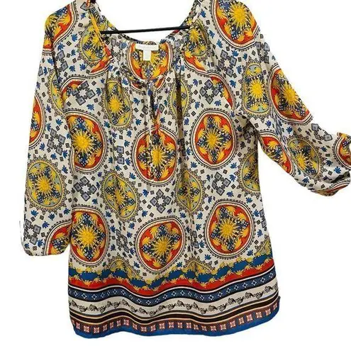 Charter Club Eclectic Hippie Blue Vermillion White Yellow Retro Medallion Blouse