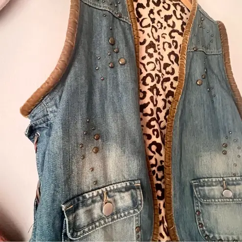 VINTAGE denim leopard lined vest beading studded reworked SIZE LARGE Coachella Blue