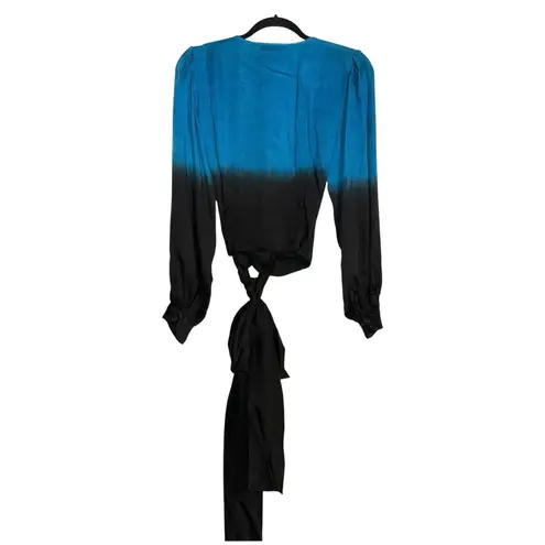 Karina Grimaldi Silk Blend Teal and Black Ombre Long Sleeve Wrap Blouse SMALL