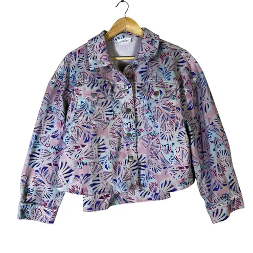 Emily Wonder Abstract Denim Jacket Womens L Pastel Pink Eclectic Whimsy Quirky Size L - Image 2