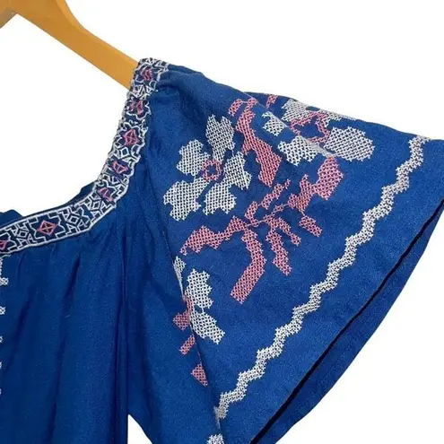 Cupcake and Cashmere Boho Embroidered Cotton Linen Mini Dress Blue Medium