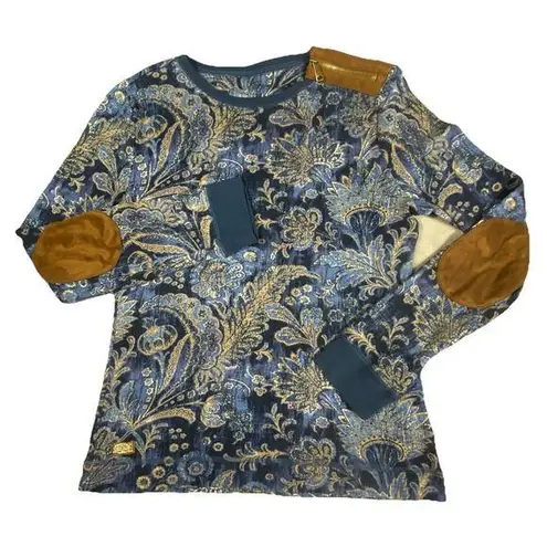 Ralph Lauren Blue Paisley Top Medium Pullover Long Slv Elbow Pads Suede Designer