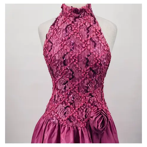 Vintage 80s Halter Fit & Flare Cocktail Dress Sequin Bodice Rosette Hot Pink 6