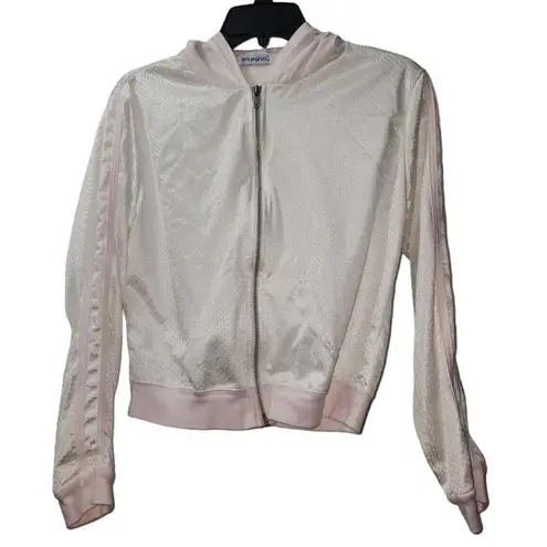 Wise Girl Full Zip Hoodie Athletic Track Jacket Pink Stripe Detail White