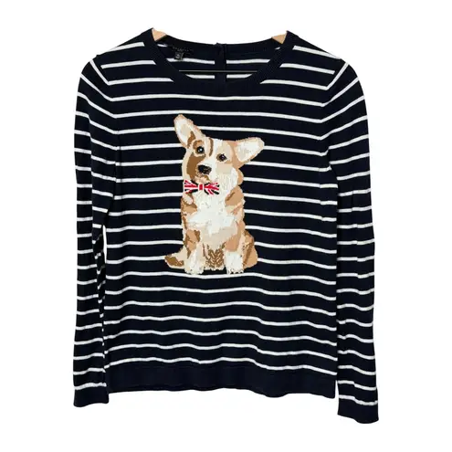 Talbots  Petites Women's Striped Corgi Dog Graphic Crew Neck Long Sleeve Knit Top