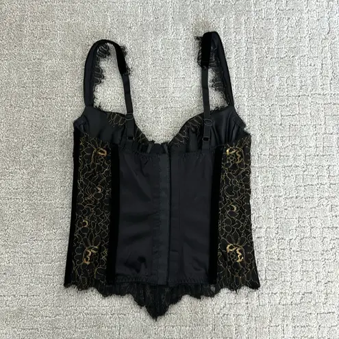 Natori black velvet gold lace boned bustier corset top going out holiday